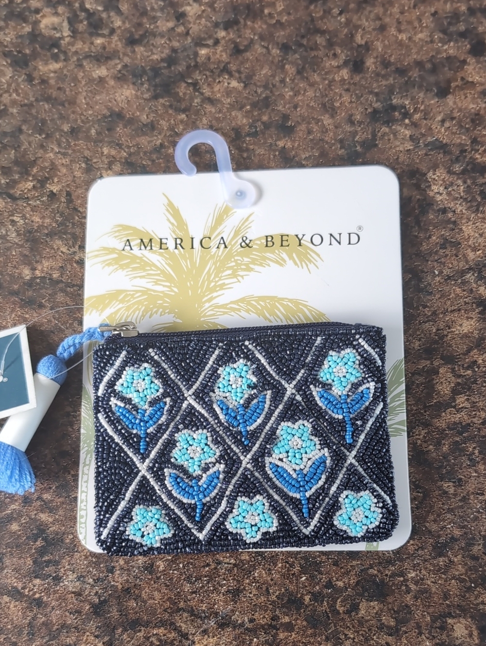 America & Beyond Beaded Floral Coin Pouch in Navy and Turquoise